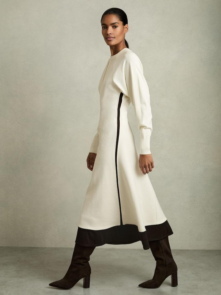 reiss Wool-Blend Hybrid Knitted Midi Dress in Ivory