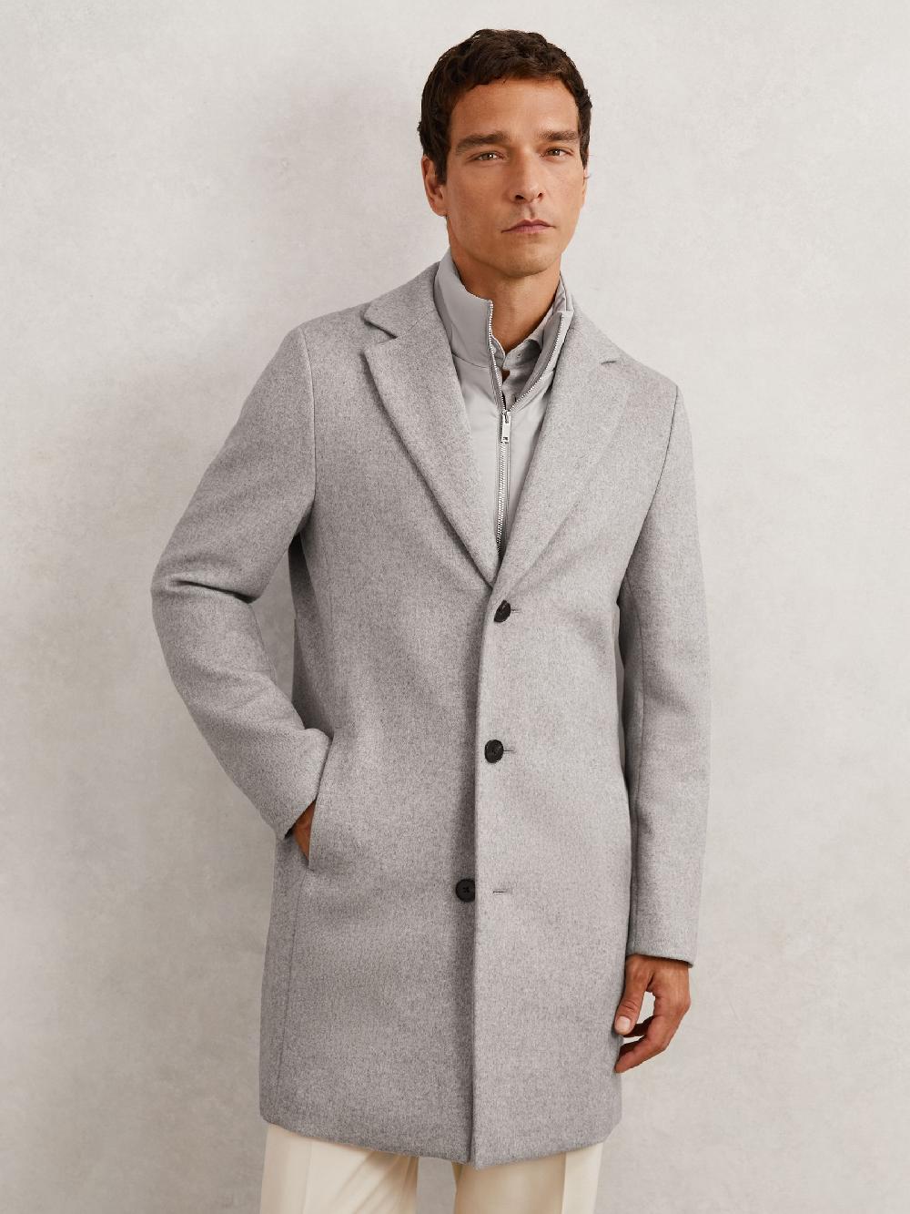 Reiss Wool-Blend Internal-Gilet Overcoat In Soft Grey