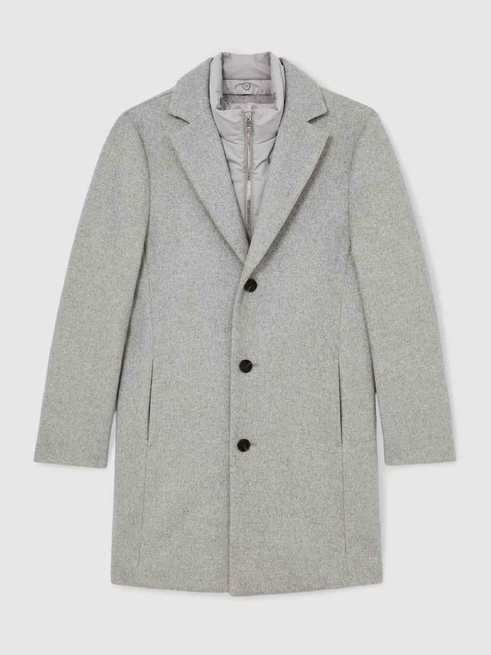 Reiss Wool-Blend Internal-Gilet Overcoat In Soft Grey