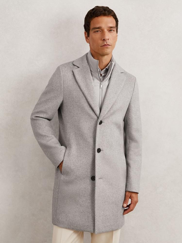 reiss Wool-Blend Internal-Gilet Overcoat in Soft Grey