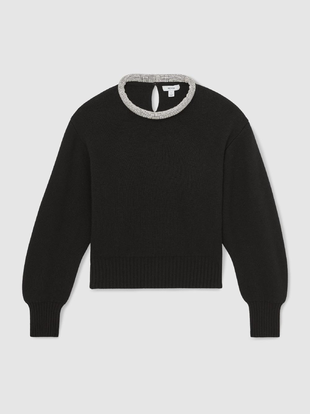 Reiss Wool-Blend Necklace-Trim Jumper With Cashmere In Black