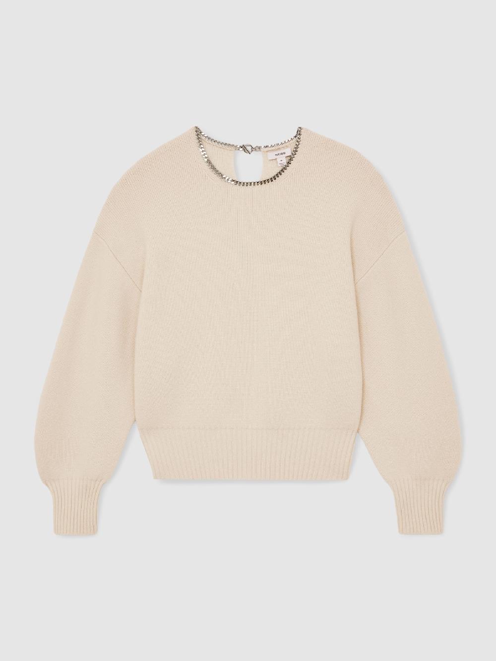 Reiss Wool-Blend Necklace-Trim Jumper With Cashmere In Cream