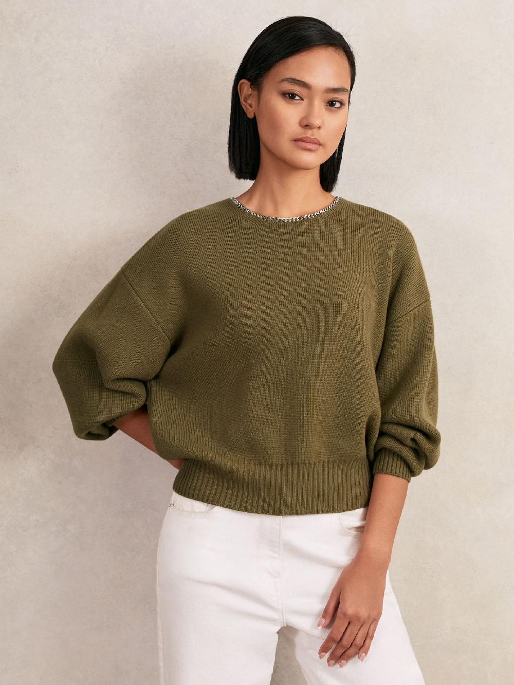 Reiss Wool-Blend Necklace-Trim Jumper With Cashmere In Sage Green