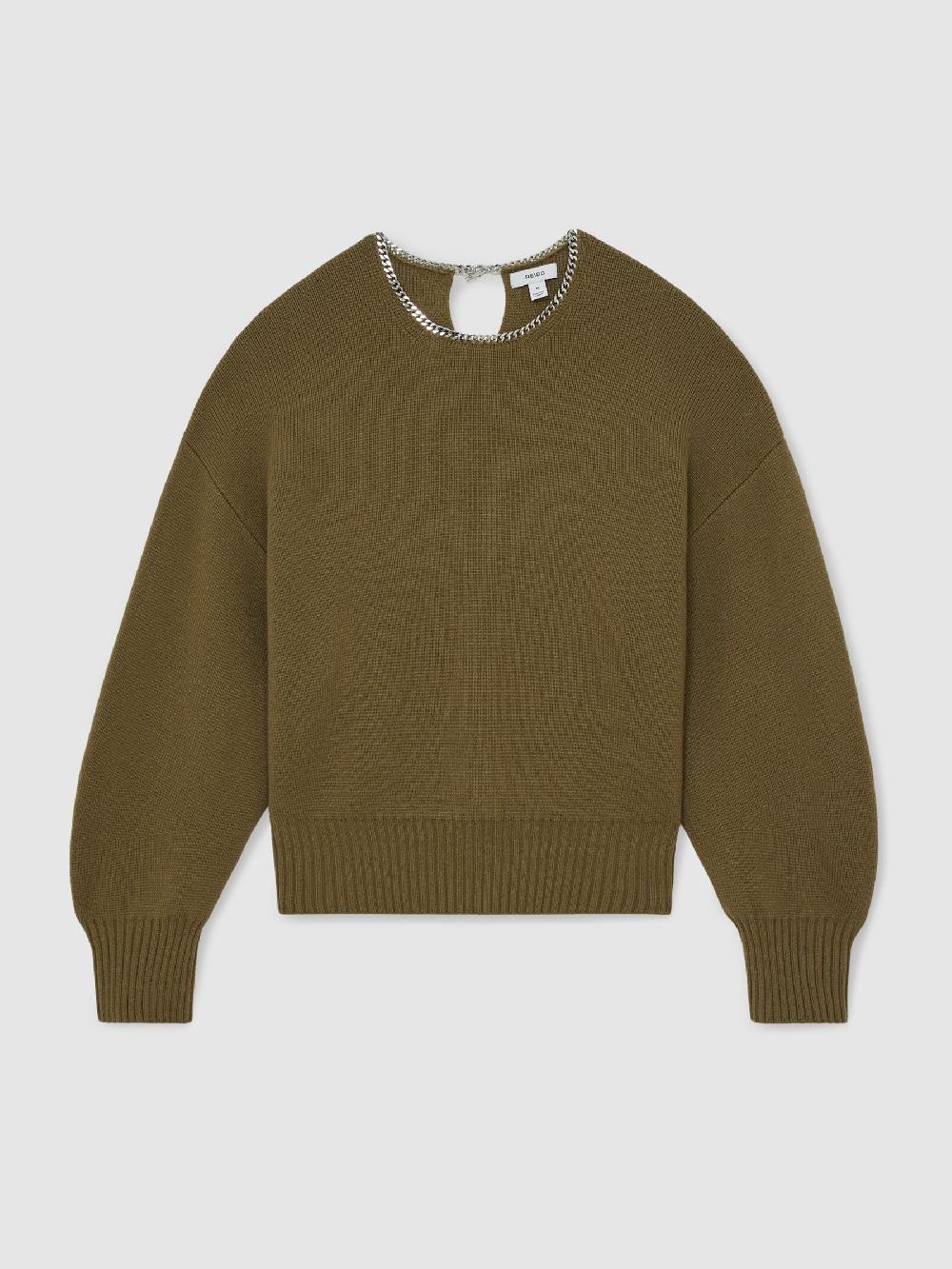 Reiss Wool-Blend Necklace-Trim Jumper With Cashmere In Sage Green