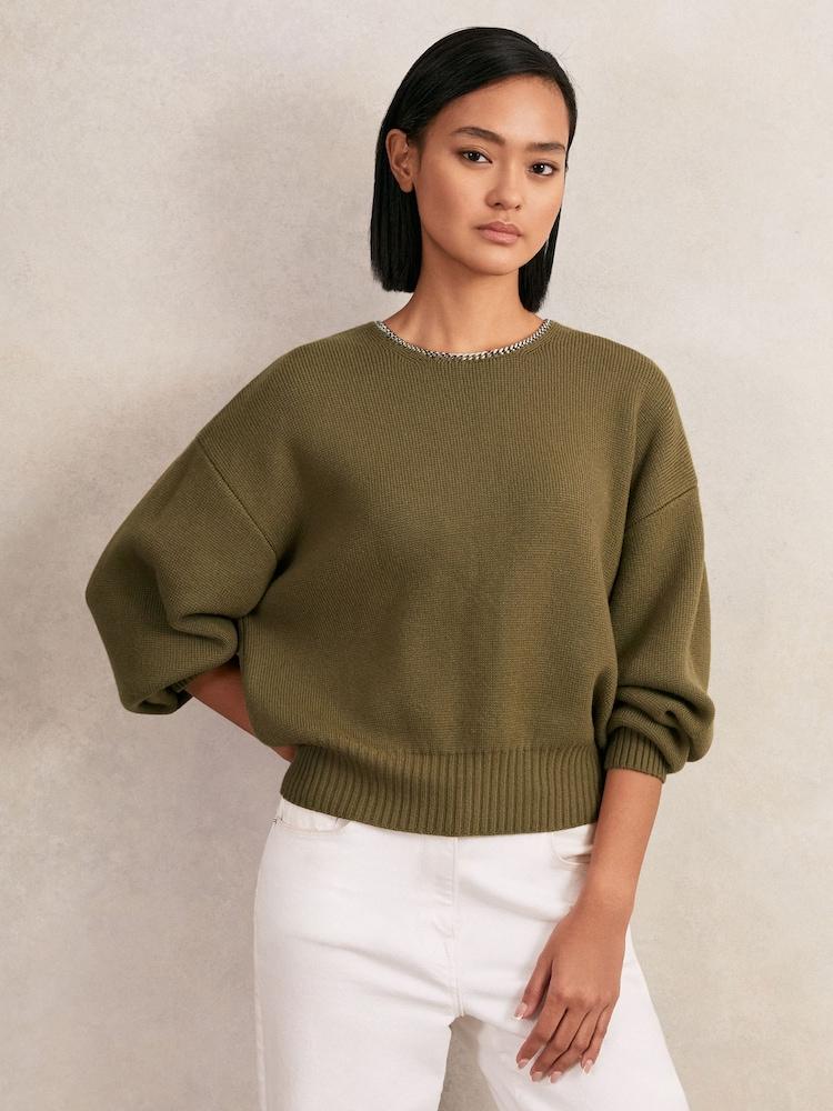 reiss Wool-Blend Necklace-Trim Jumper with Cashmere in Sage Green