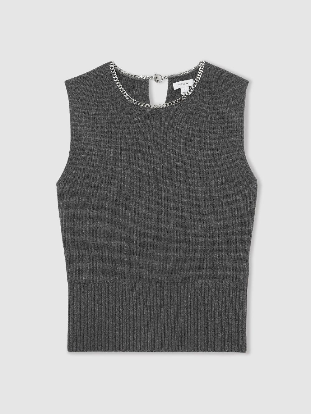 Reiss Wool-Blend Necklace-Trim Knitted Vest In Charcoal Grey