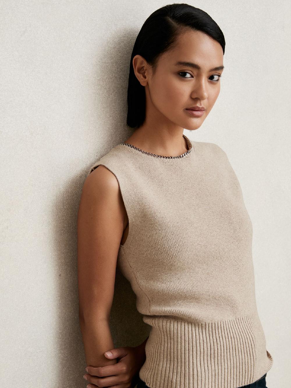 Reiss Wool-Blend Necklace-Trim Knitted Vest In Neutral