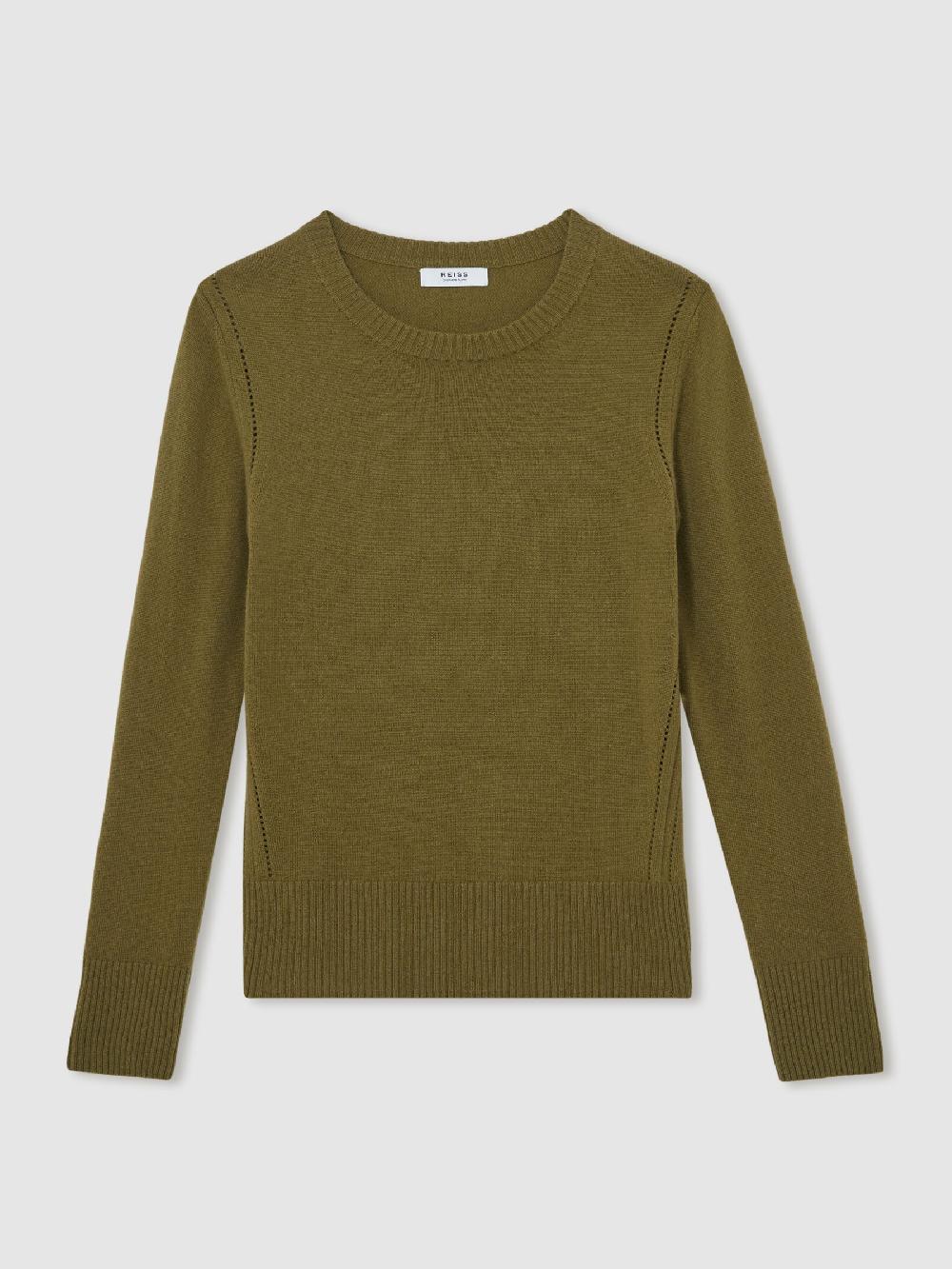Reiss Wool-Blend Open-Stitch Jumper With Cashmere In Khaki Green