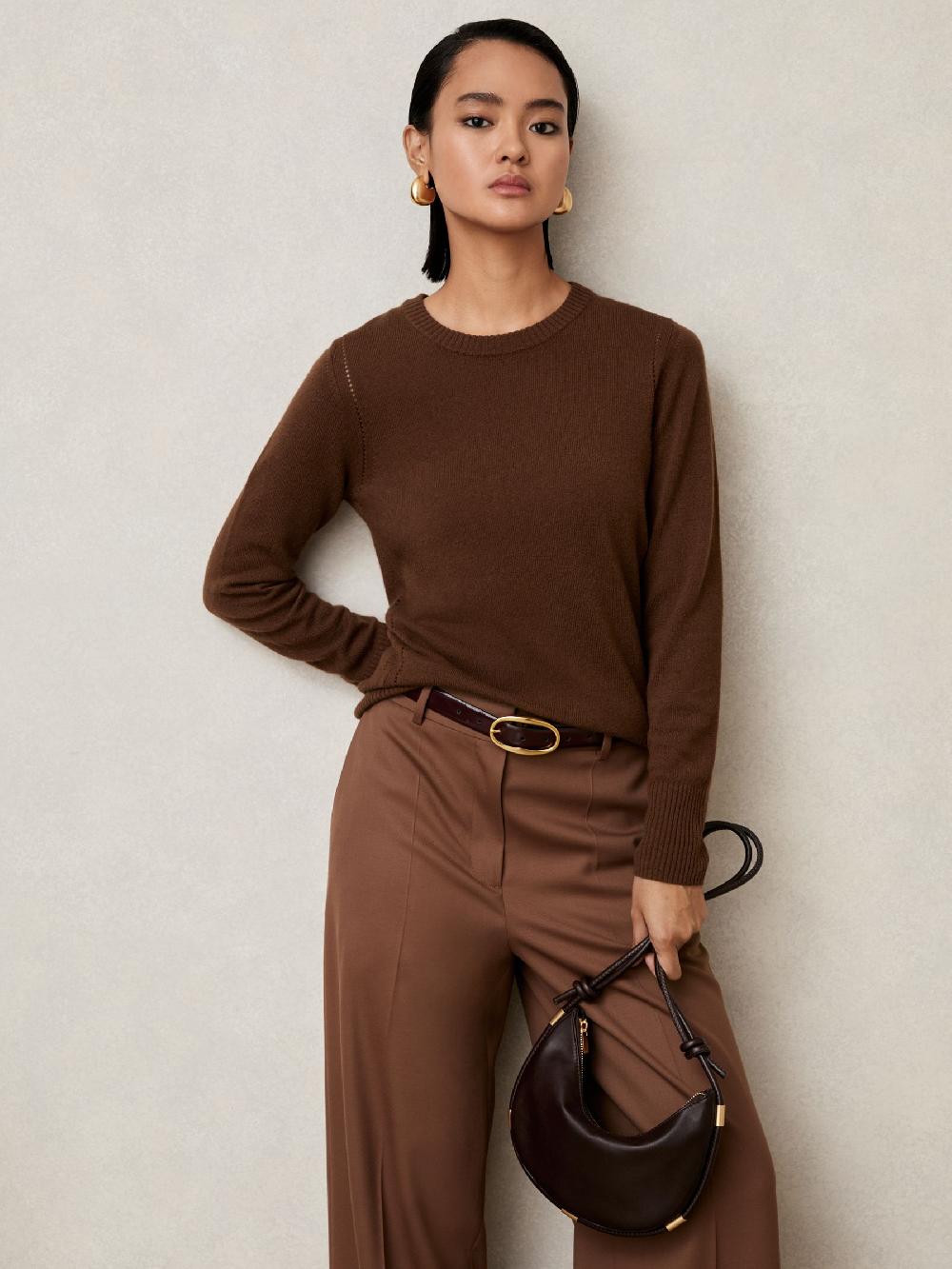 Reiss Wool-Blend Open-Stitch Jumper With Cashmere In Toffee Brown