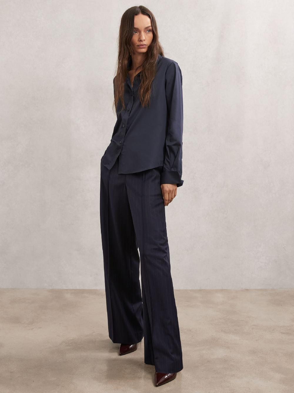 Reiss Wool-Blend Pinstripe Wide-Leg Trousers In Navy