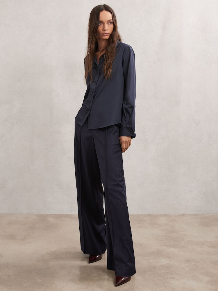 reiss Wool-Blend Pinstripe Wide-Leg Trousers in Navy
