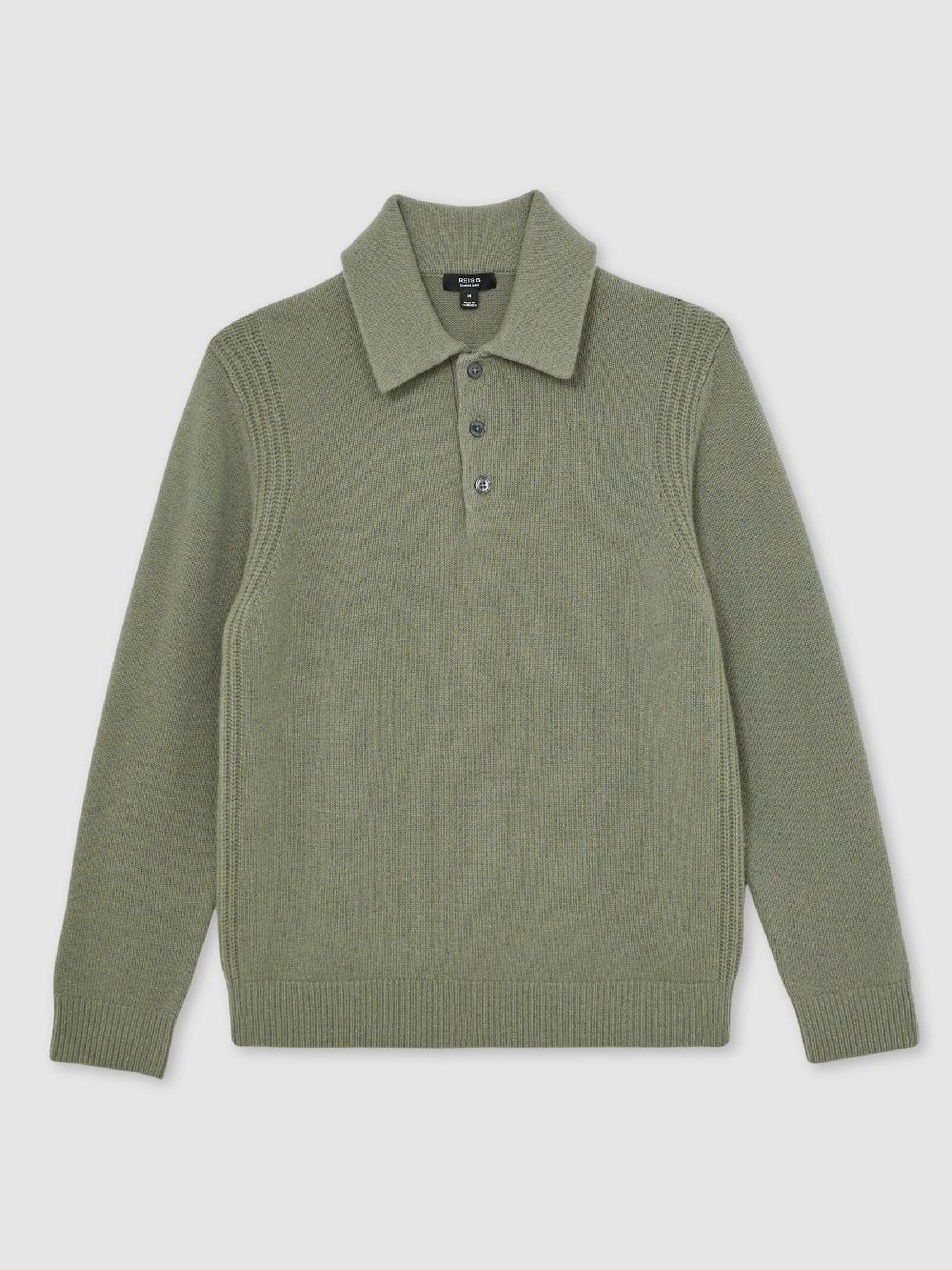 Reiss Wool-Blend Polo Jumper With Cashmere In Sage Green