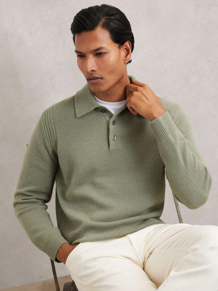 reiss Wool-Blend Polo Jumper with Cashmere in Sage Green