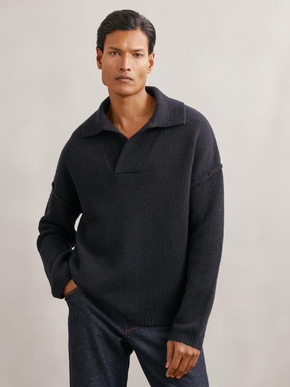 Reiss Wool-Blend Relaxed Open-Collar Jumper In Navy