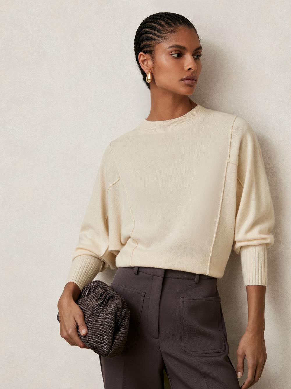 Reiss Wool-Blend Reverse-Seam Batwing Jumper With Cashmere In Cream