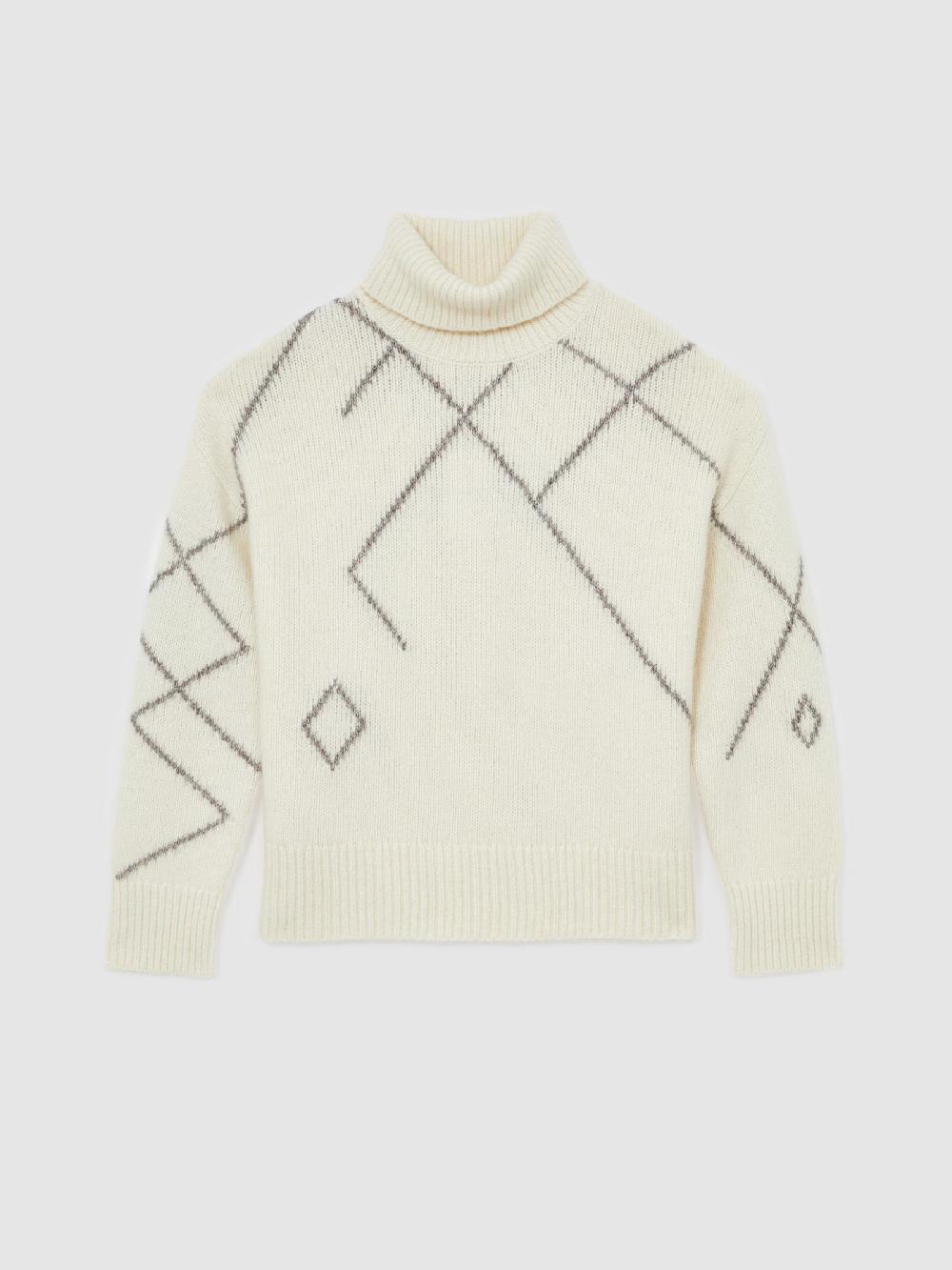 Reiss Wool-Blend Roll-Neck Argyle Jumper In Cream/Taupe Brown