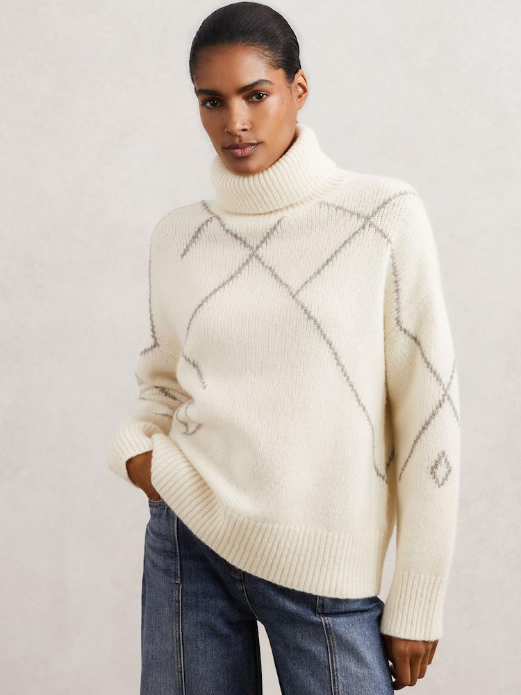 reiss Wool-Blend Roll-Neck Argyle Jumper in Cream/Taupe Brown