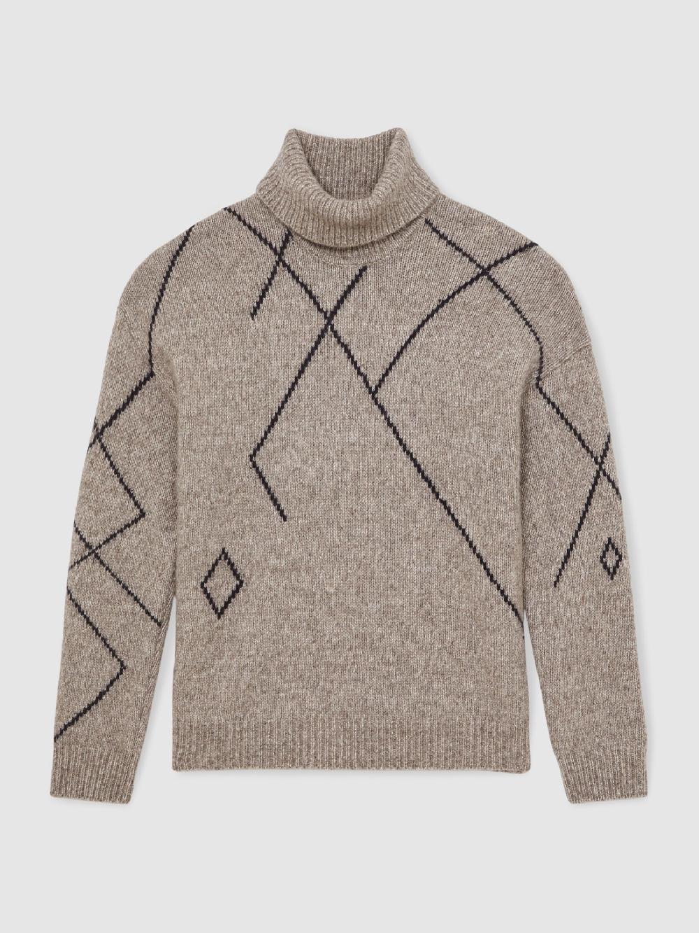 Reiss Wool-Blend Roll-Neck Argyle Jumper In Mid Brown