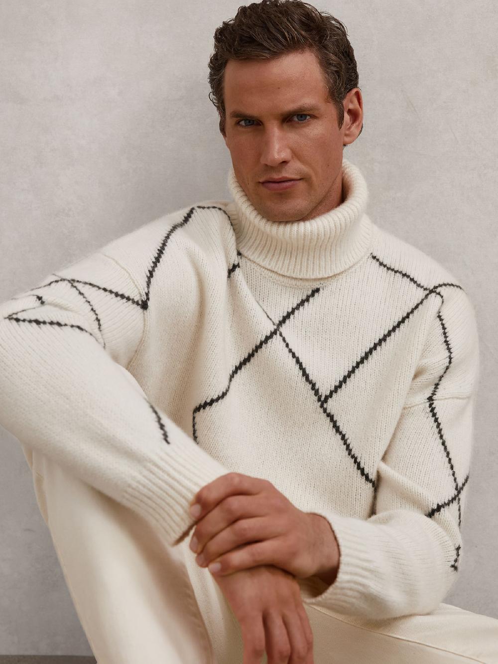Reiss Wool-Blend Roll-Neck Argyle Jumper In Off White