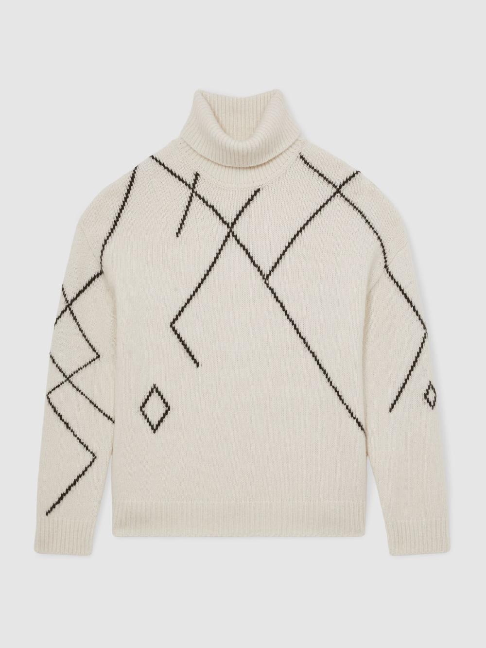 Reiss Wool-Blend Roll-Neck Argyle Jumper In Off White