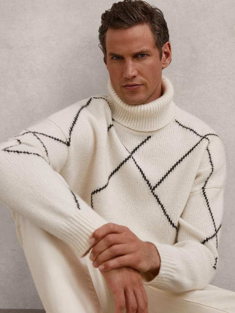 reiss Wool-Blend Roll-Neck Argyle Jumper in Off White