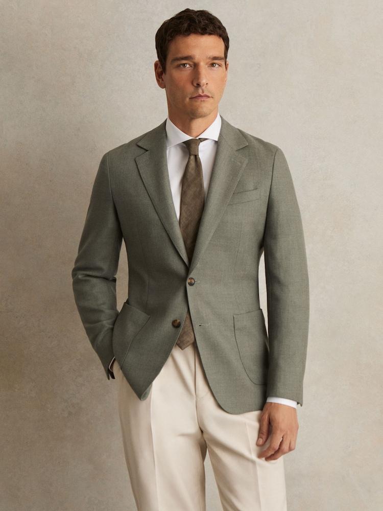 reiss Wool-Blend Single-Breasted Blazer Slim-Fit in Sage Green