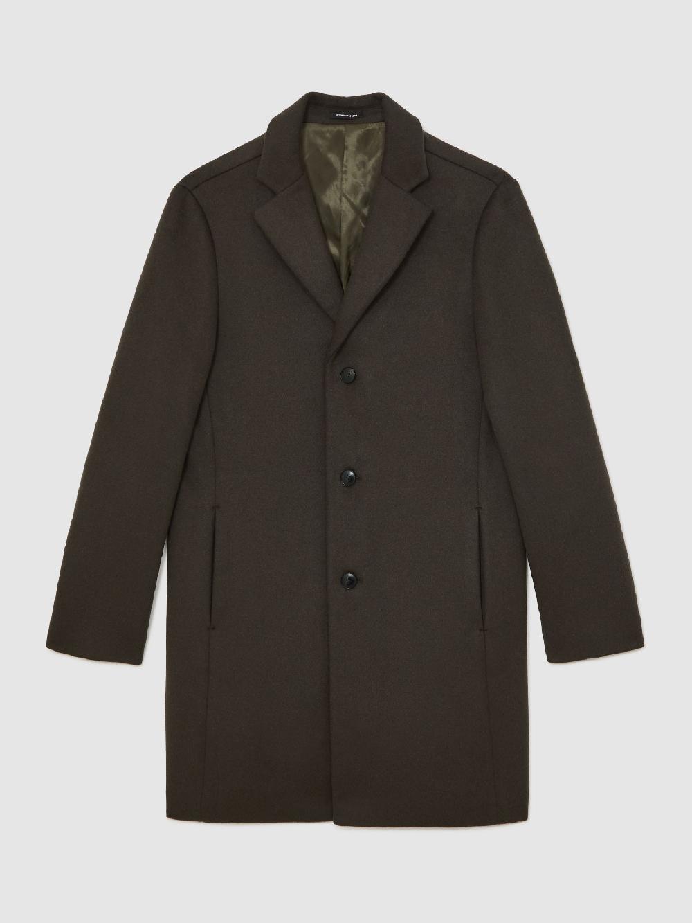 Reiss Wool-Blend Single-Breasted Overcoat In Dark Khaki Green