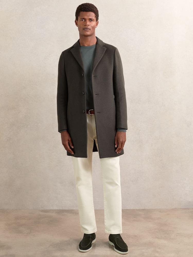 reiss Wool-Blend Single-Breasted Overcoat in Dark Khaki Green