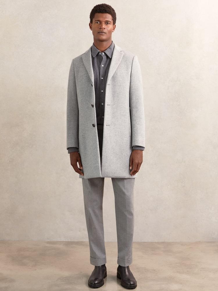reiss Wool-Blend Single-Breasted Overcoat in Soft Grey