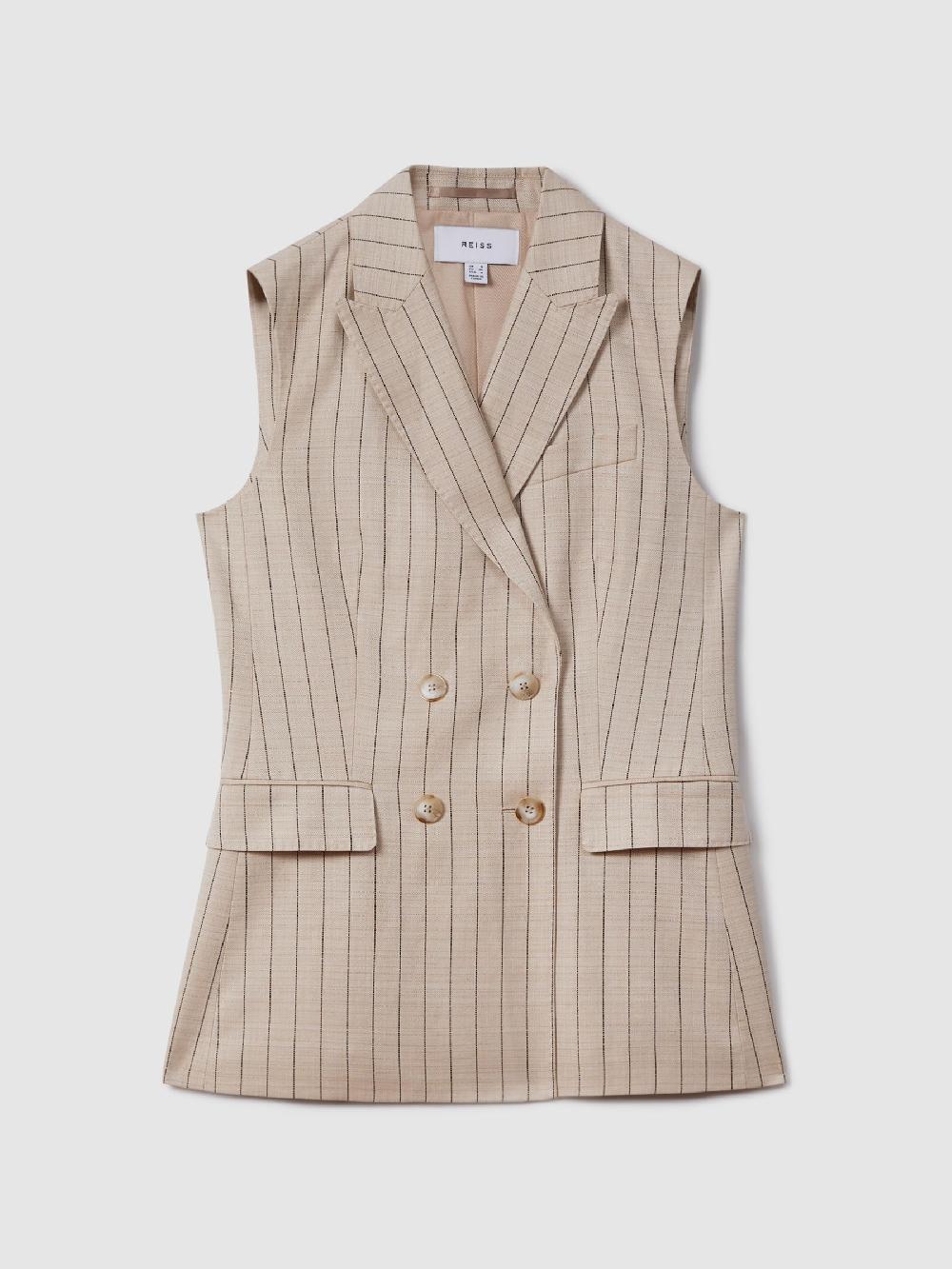 Reiss Wool Blend Striped Double Breasted Waistcoat In Neutral