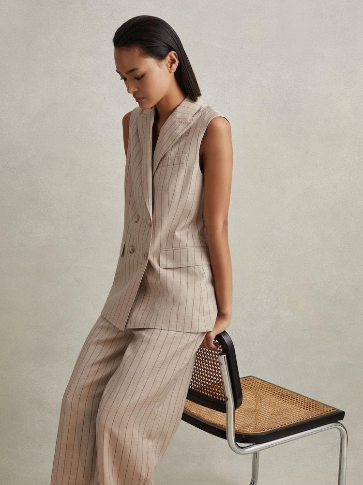 reiss Wool Blend Striped Double Breasted Waistcoat in Neutral