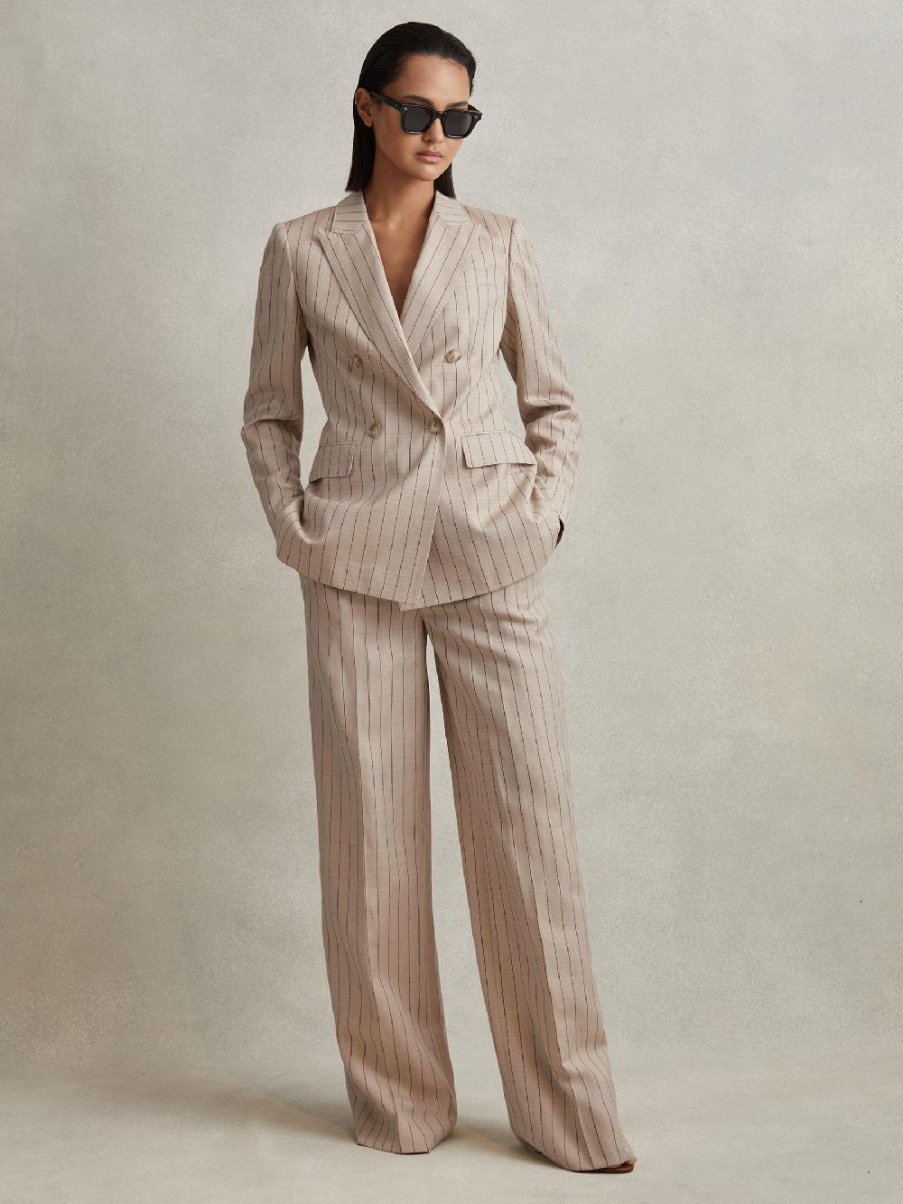 Reiss Wool Blend Striped Wide Leg Trousers In Neutral