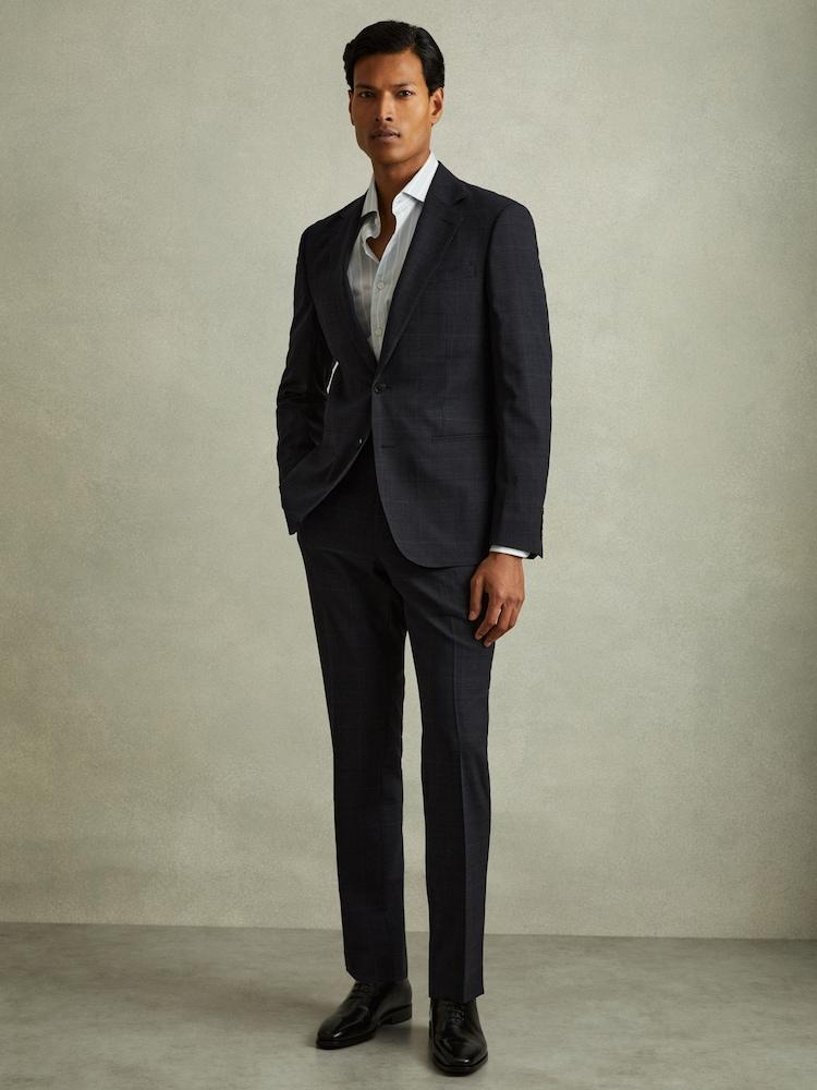 reiss Wool Blend Suit Trousers in Prince of Wales Check in Navy