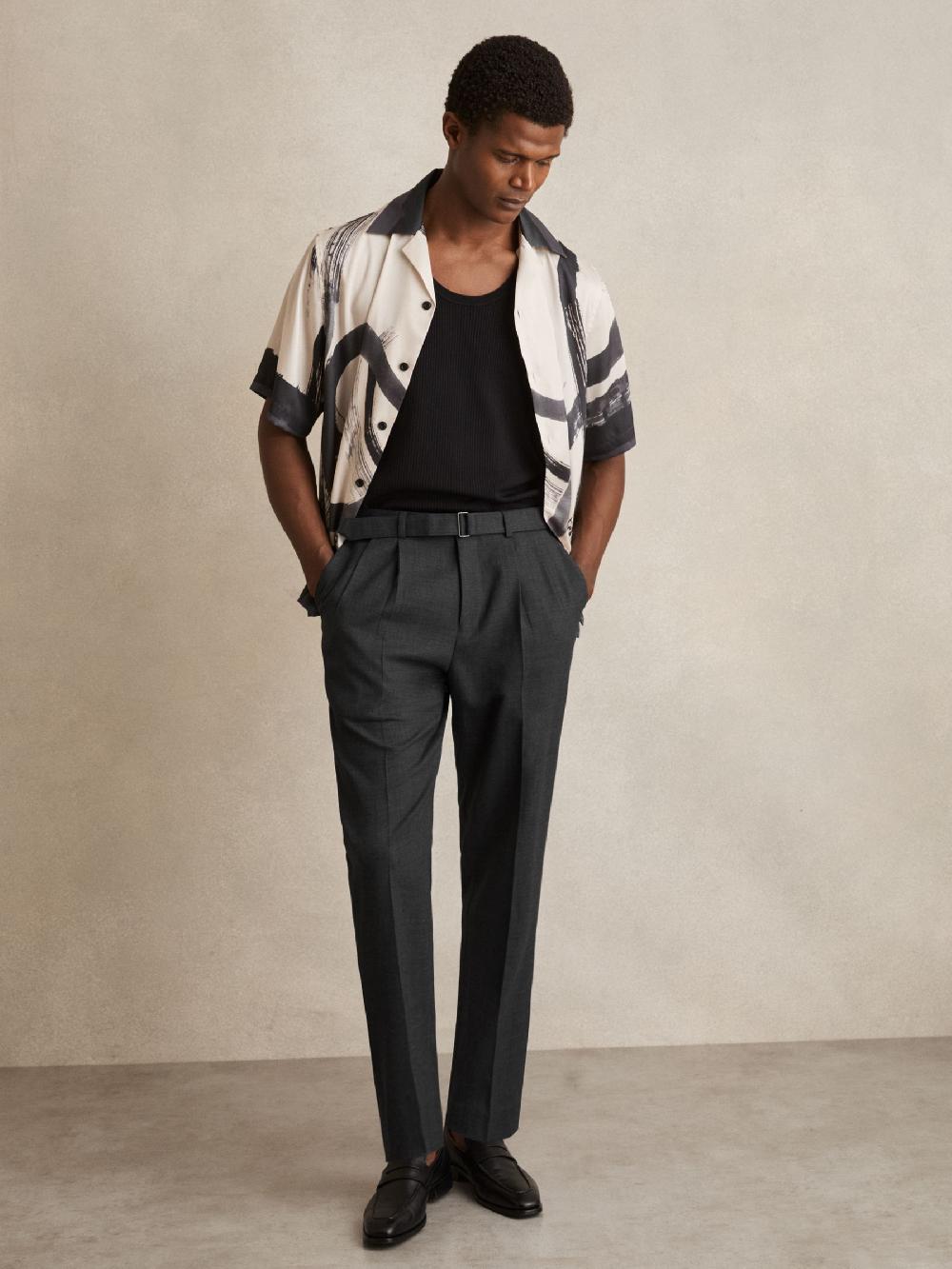 Reiss Wool-Blend Tailored-Fit Belted Trousers In Charcoal Grey