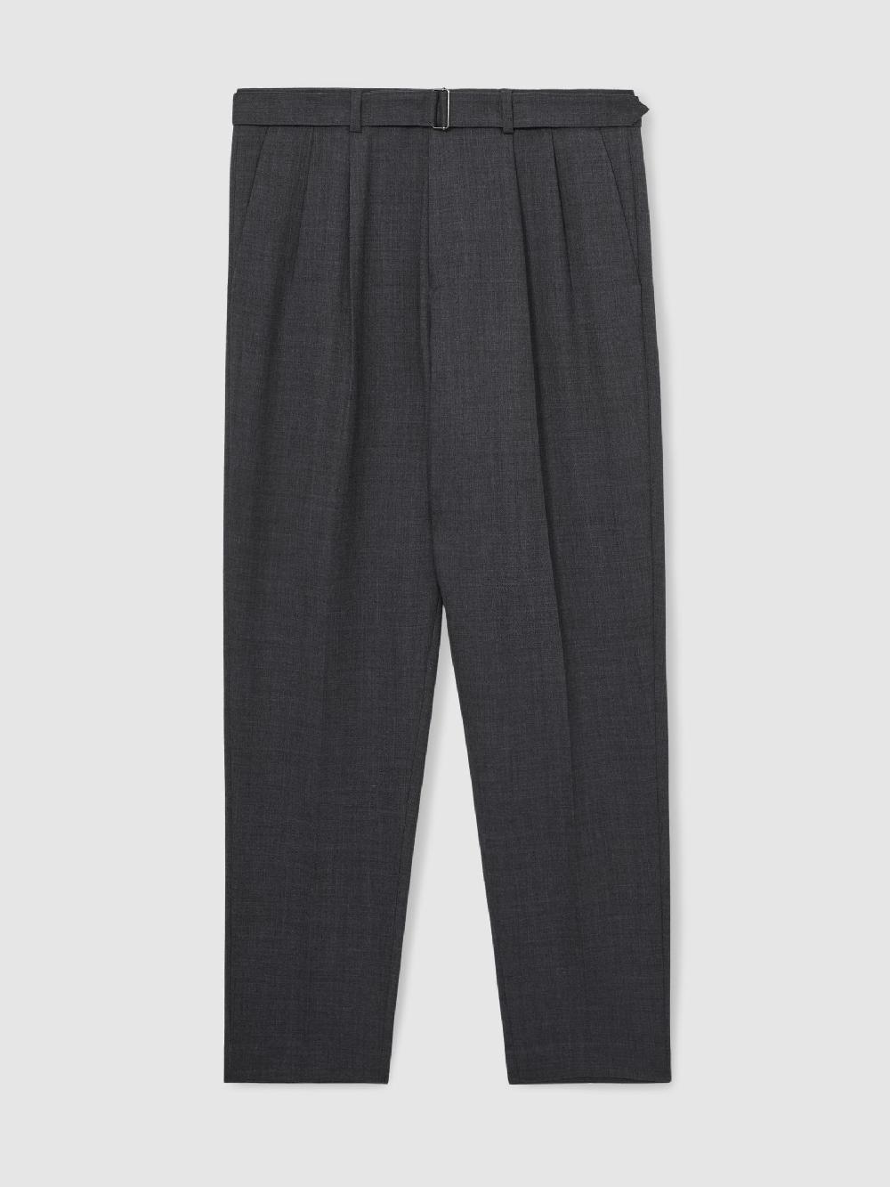 Reiss Wool-Blend Tailored-Fit Belted Trousers In Charcoal Grey