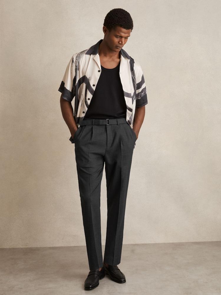 reiss Wool-Blend Tailored-Fit Belted Trousers in Charcoal Grey