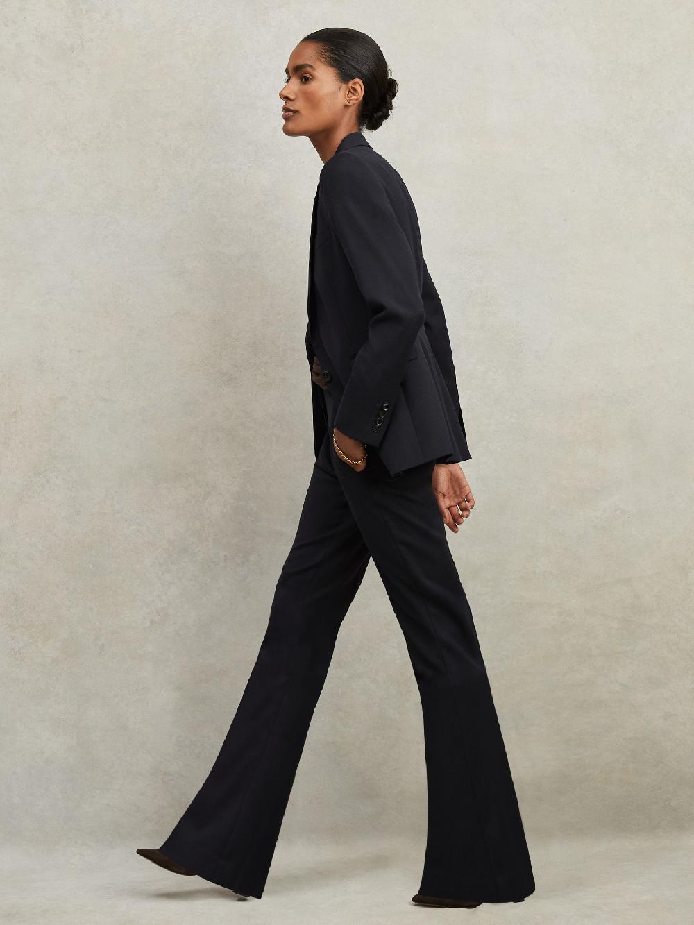 Reiss Wool-Blend Tailored Flared Suit Trousers In Navy