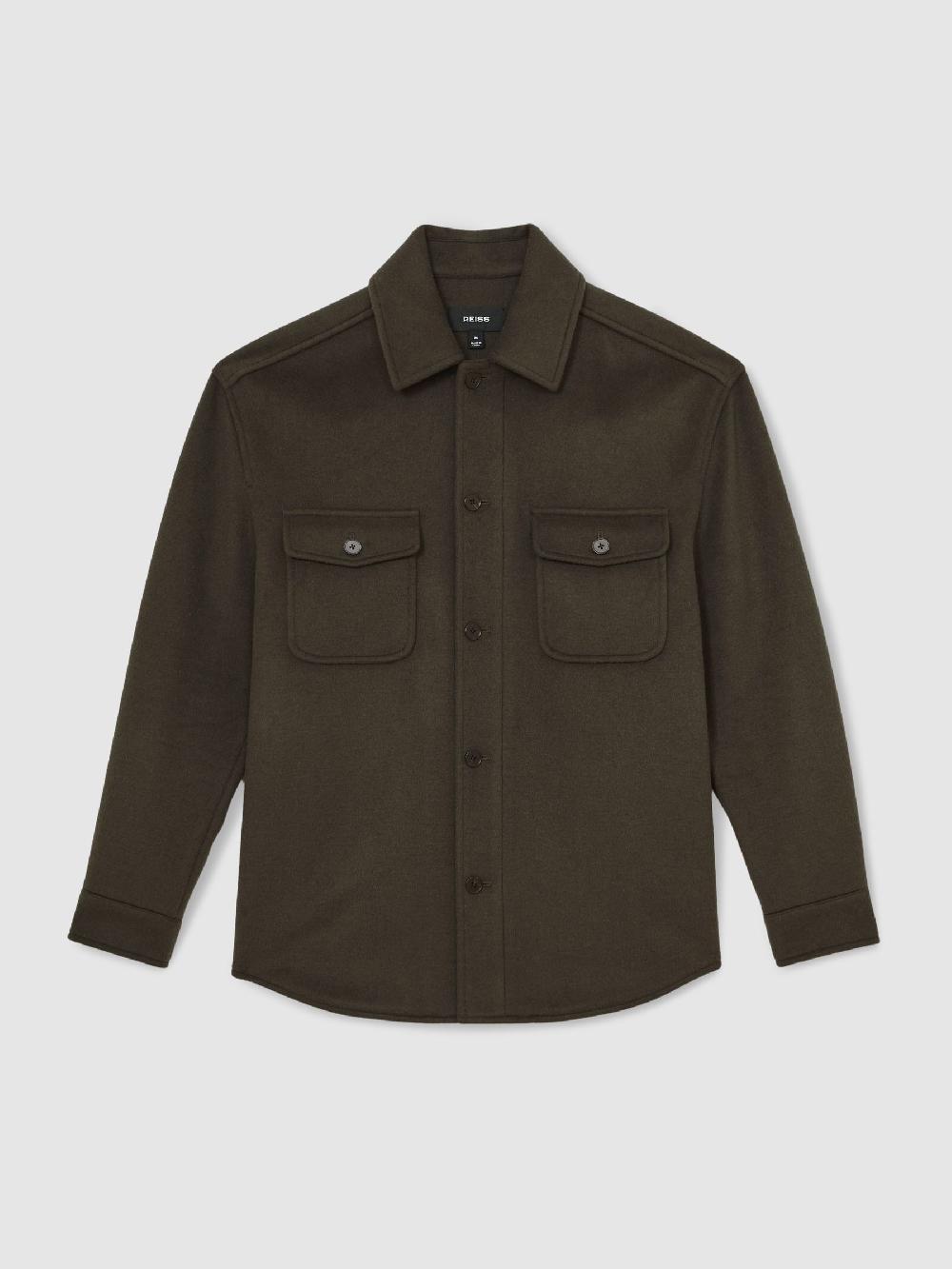 Reiss Wool-Blend Twin-Pocket Overshirt In Khaki Green