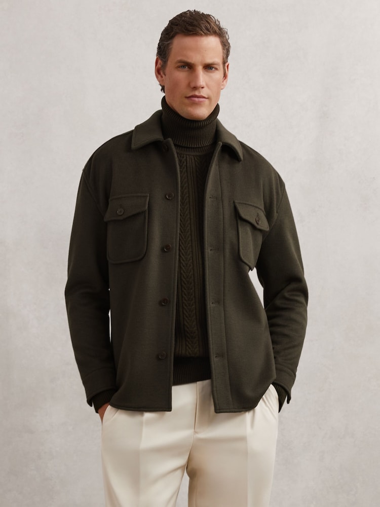 reiss Wool-Blend Twin-Pocket Overshirt in Khaki Green