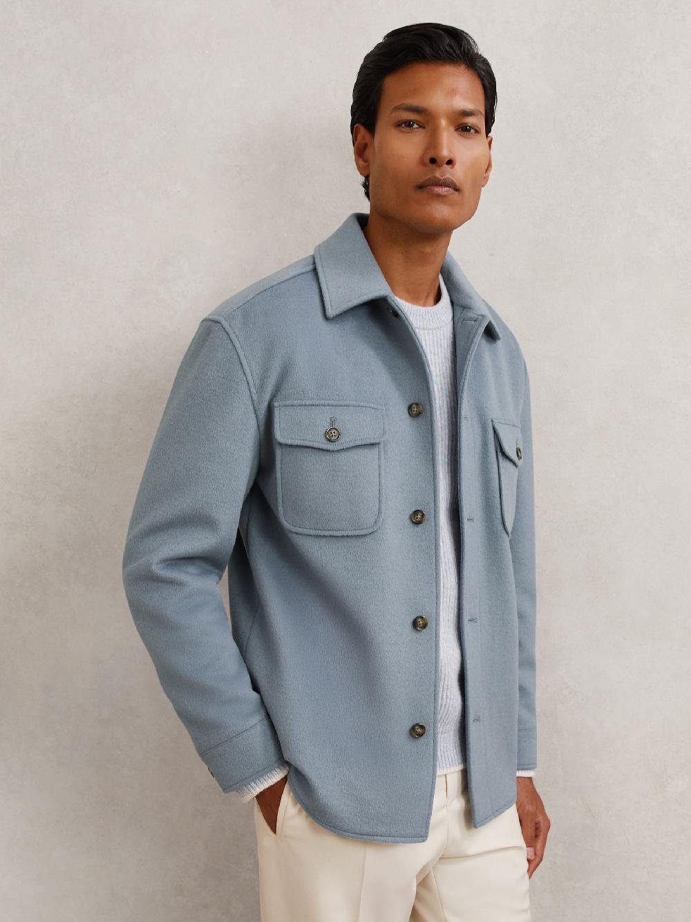 Reiss Wool-Blend Twin-Pocket Overshirt In Soft Blue