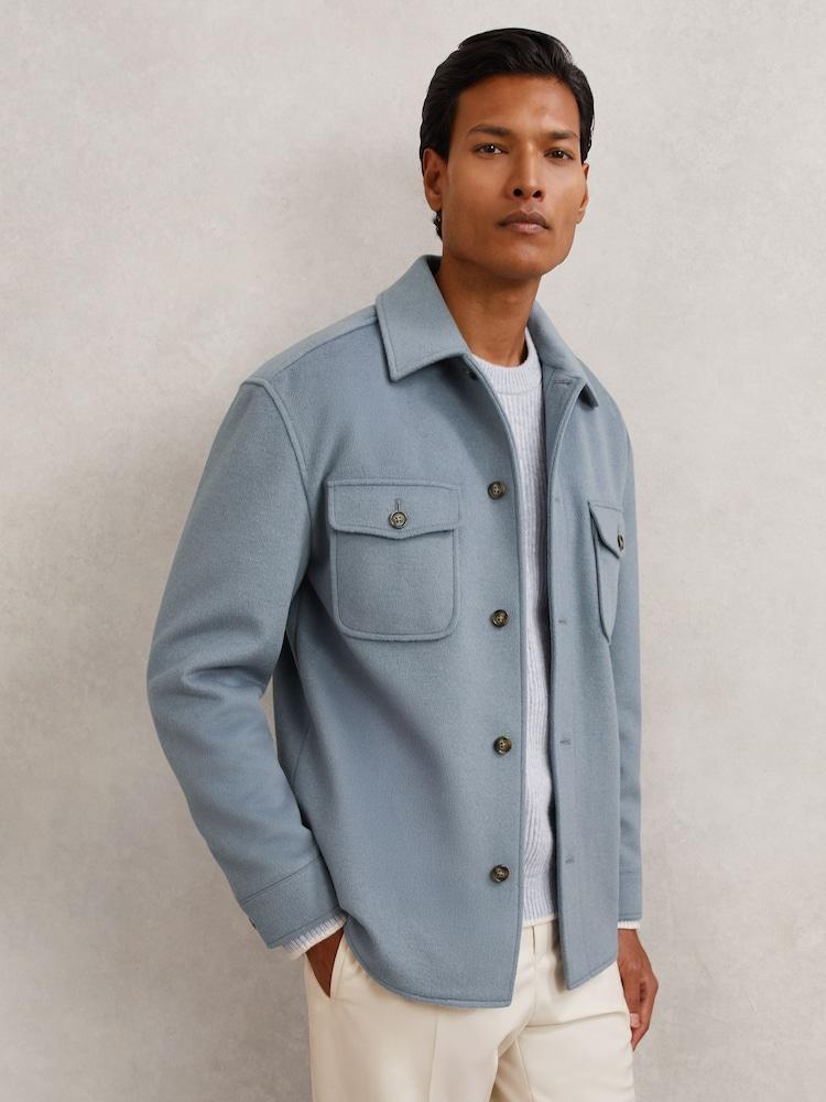 reiss Wool-Blend Twin-Pocket Overshirt in Soft Blue
