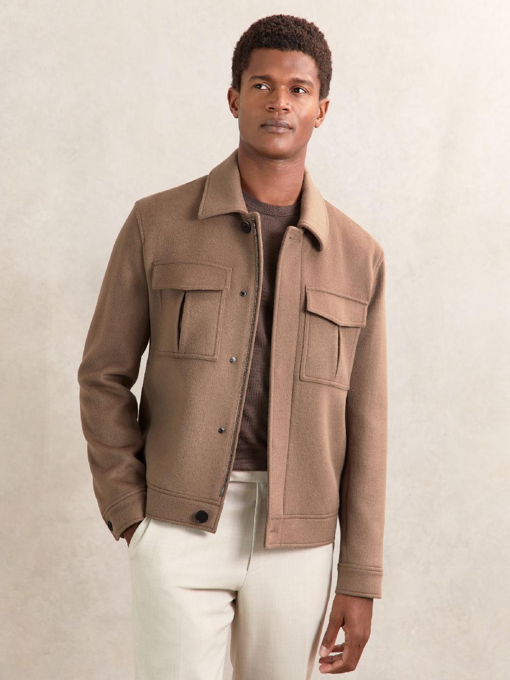 Reiss Wool Blend Twin Pocket Zipped Jacket In Dark Brown