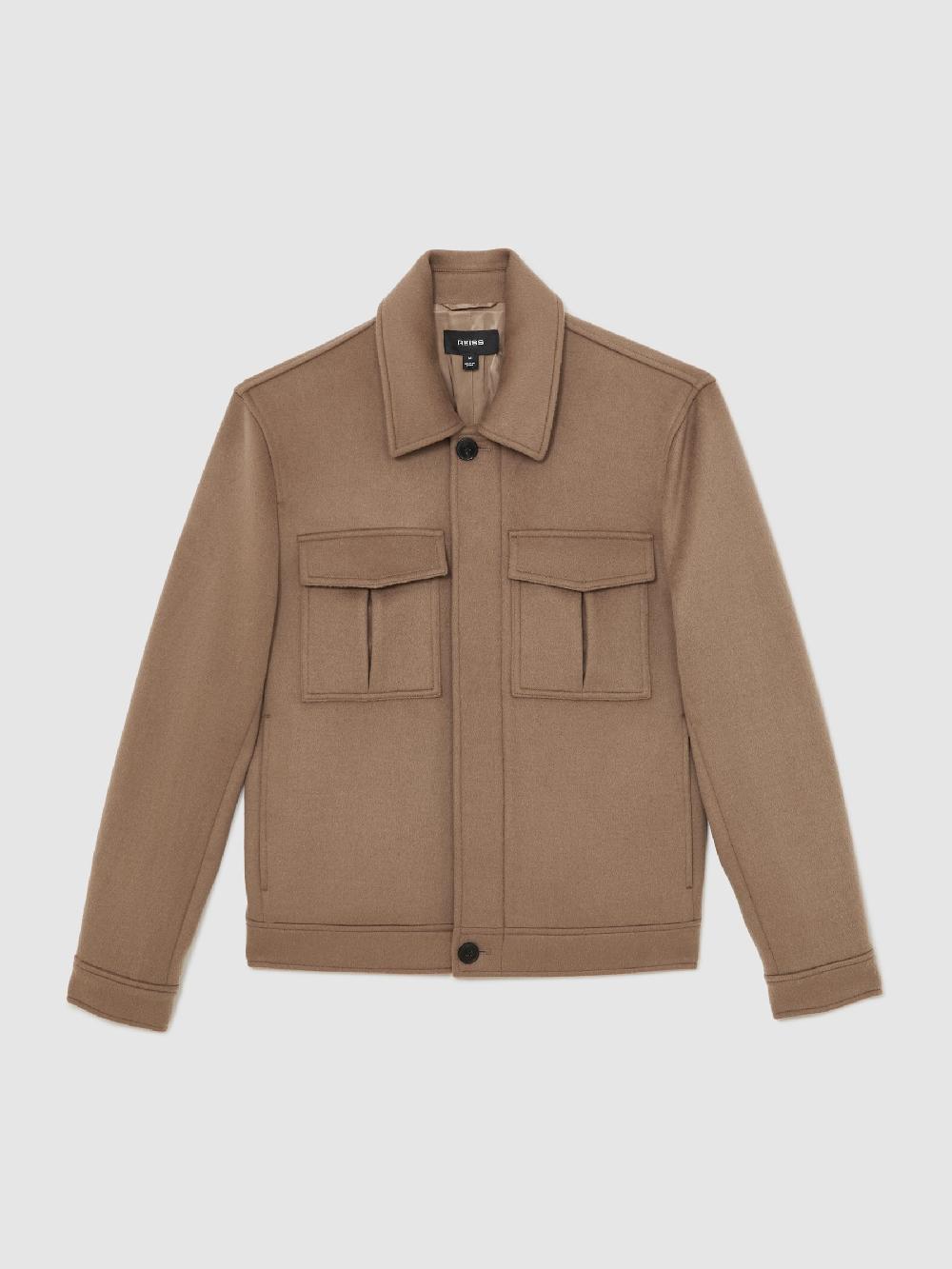 Reiss Wool Blend Twin Pocket Zipped Jacket In Dark Brown