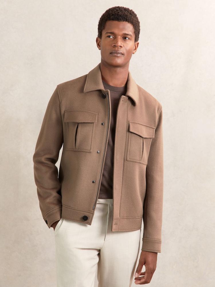 reiss Wool Blend Twin Pocket Zipped Jacket in Dark Brown