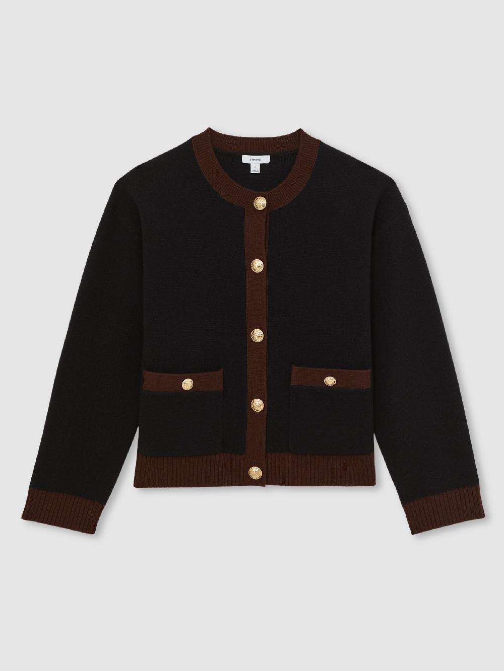Reiss Wool-Cashmere Crew-Neck Cardigan In Burgundy/Black