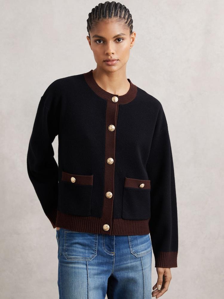 reiss Wool-Cashmere Crew-Neck Cardigan in Burgundy/Black