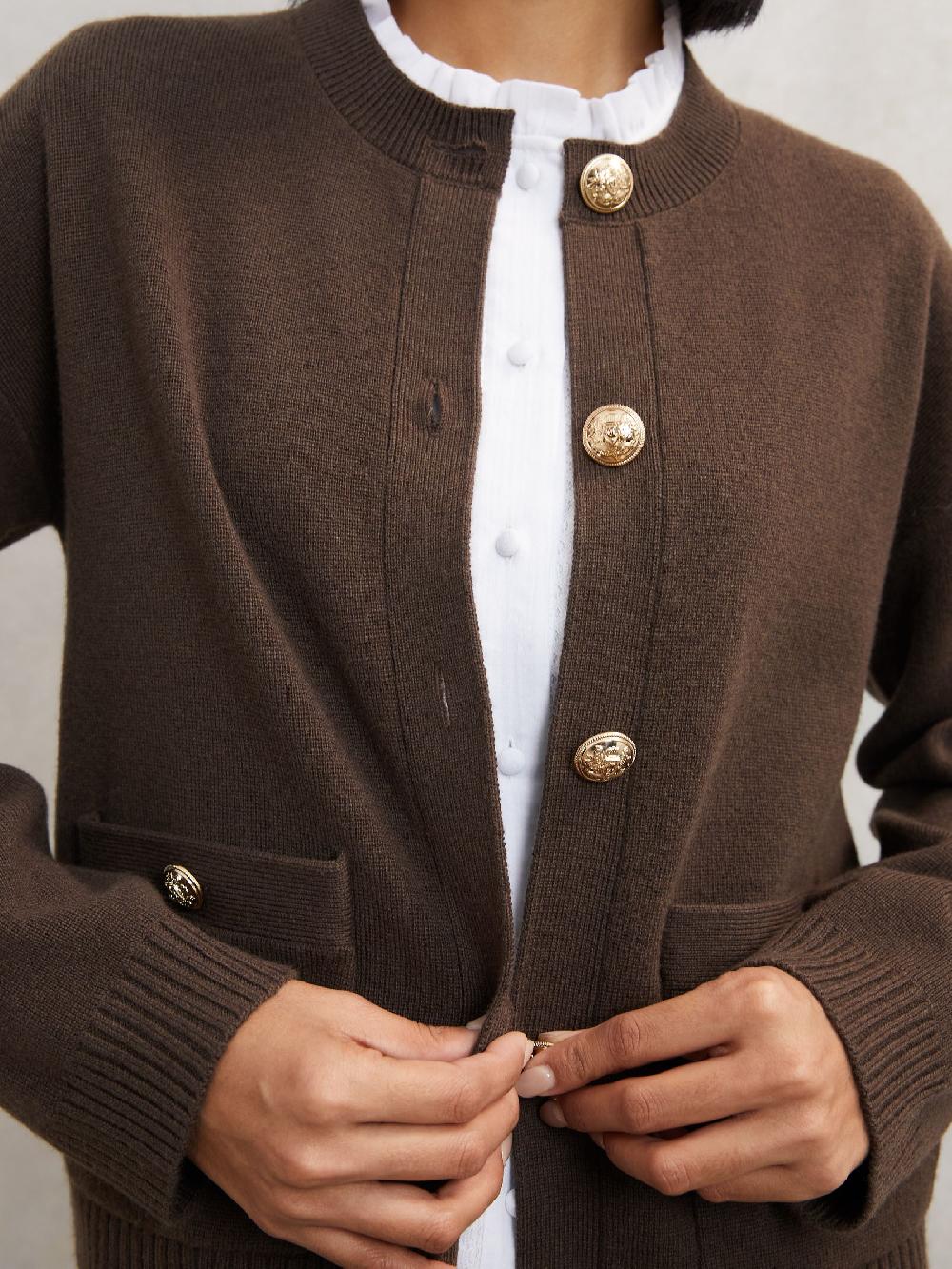 Reiss Wool-Cashmere Crew-Neck Cardigan In Chocolate Brown