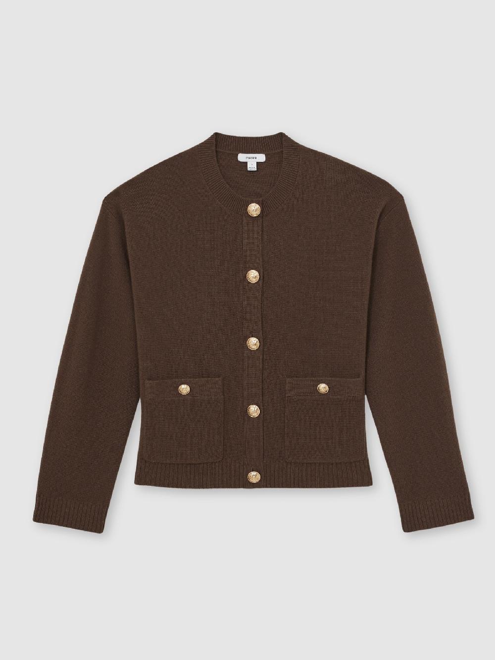 Reiss Wool-Cashmere Crew-Neck Cardigan In Chocolate Brown