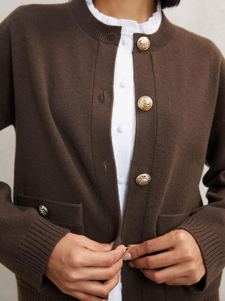 reiss Wool-Cashmere Crew-Neck Cardigan in Chocolate Brown