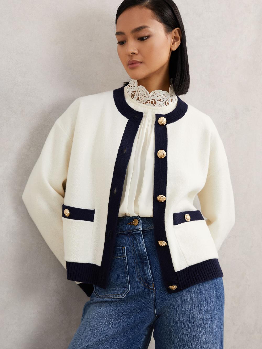 Reiss Wool-Cashmere Crew-Neck Cardigan In Cream/Navy